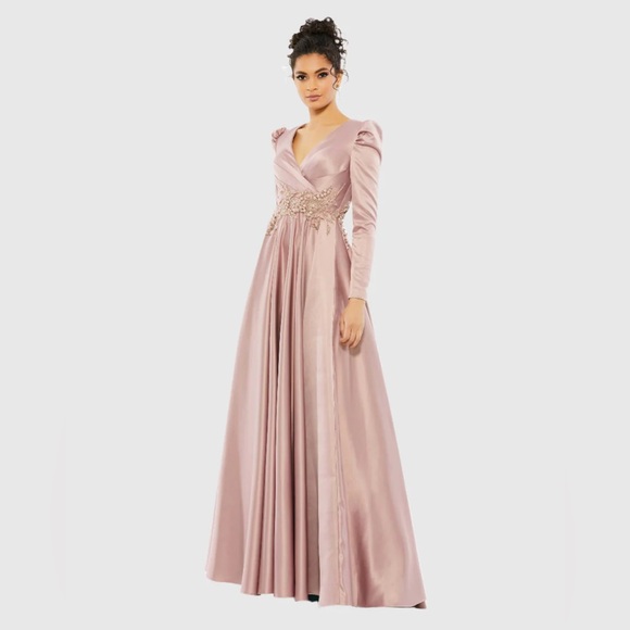 NWT $798 MAC DUGGAL LONG SLEEVE EMBELLISHED GOWN DRESS SATIN ROSE PINK 11221